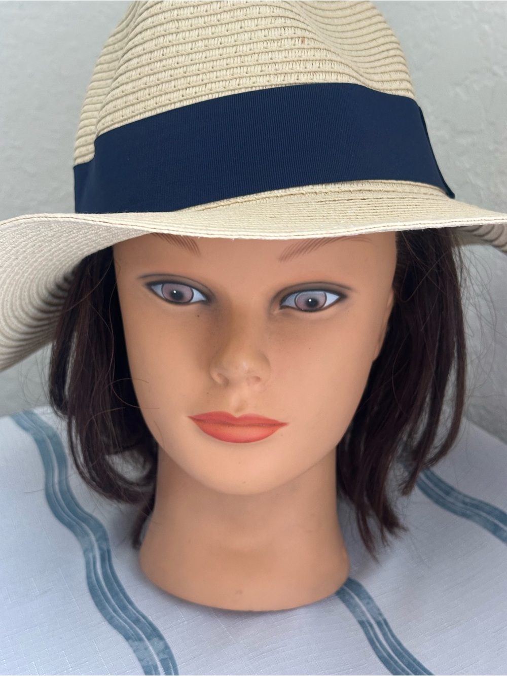 Women's Cream Straw Fedora with Navy Band